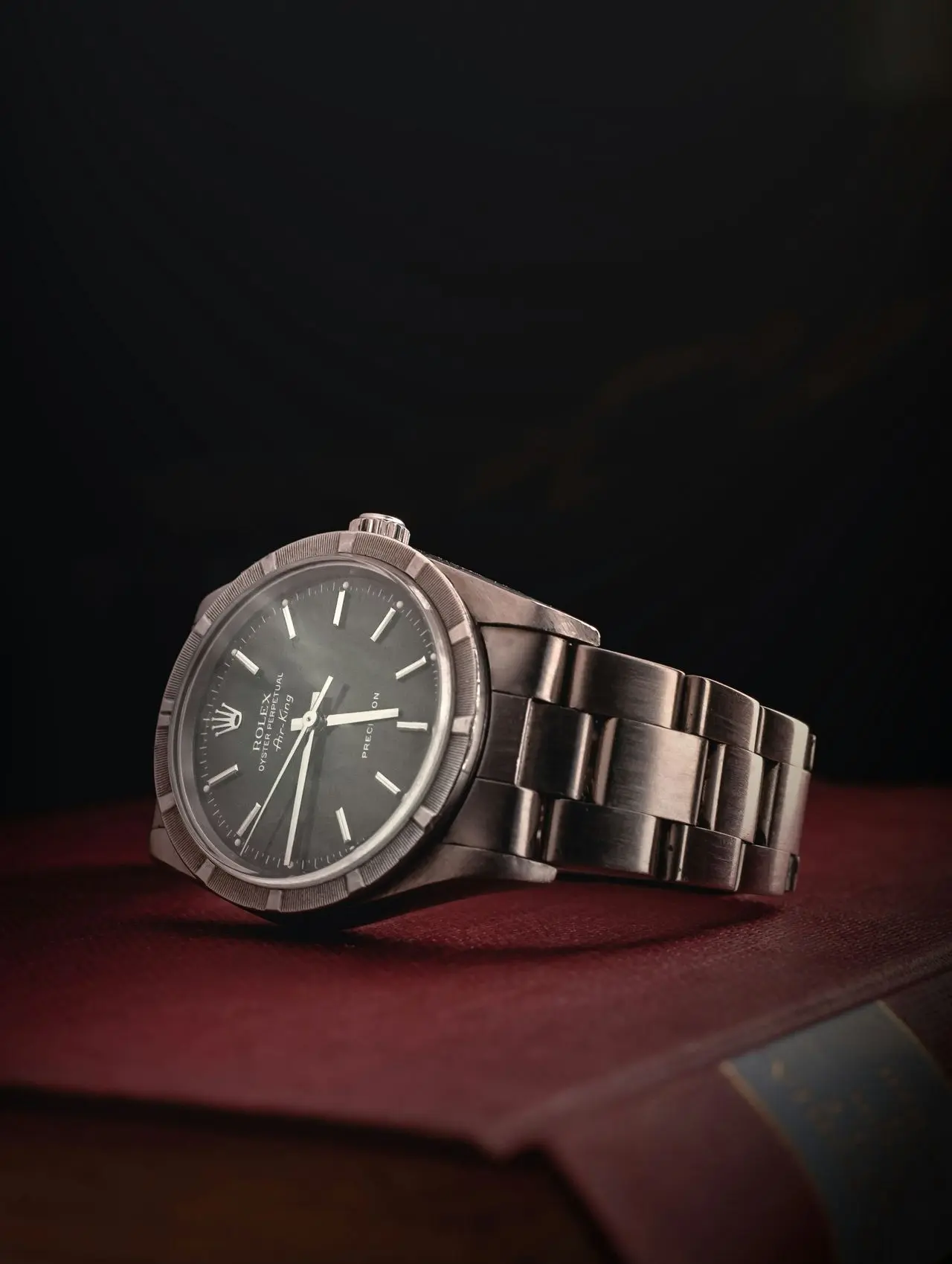 round silver-colored Rolex analog watch with link band